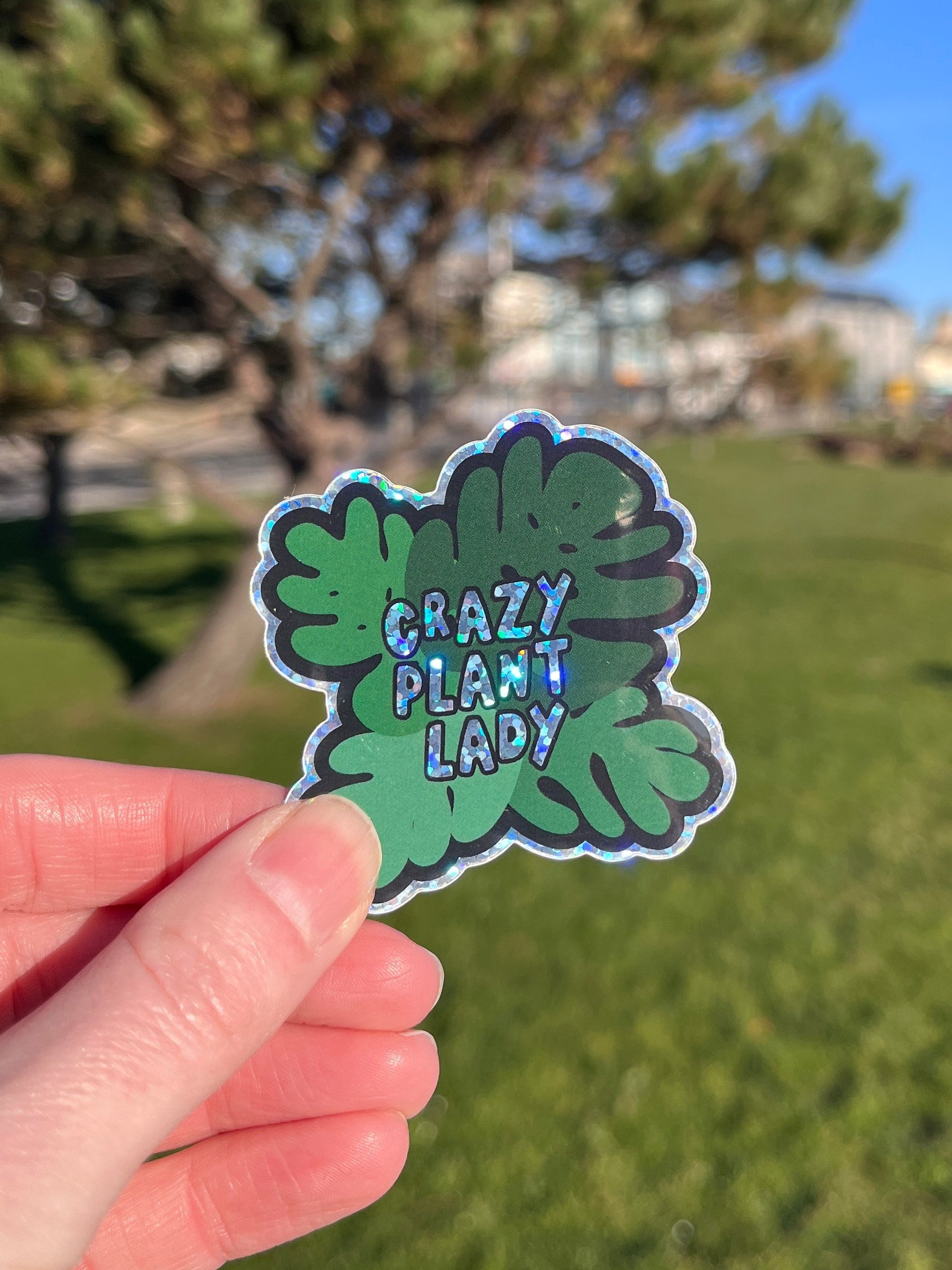 Hand holding a sticker with 'Crazy Plant Lady' text against a blurred outdoor background